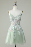 Dusty Sage Spaghetti Straps Graduation Dress With Criss Cross Back