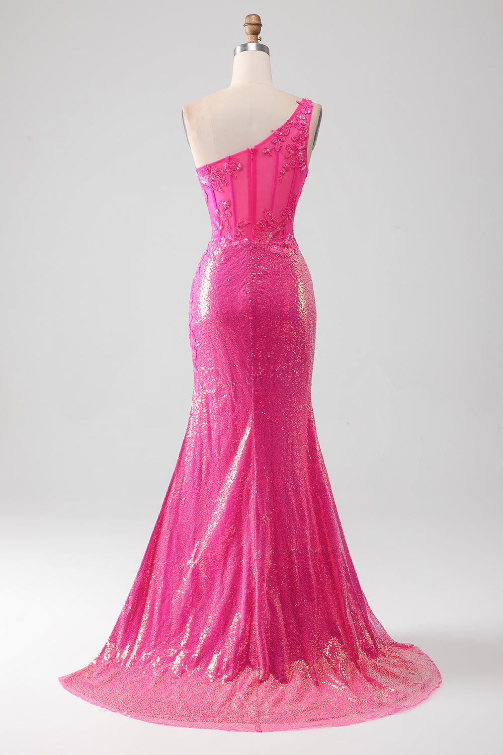 Sparkly Fuchsia Mermaid One Shoulder Appliques Prom Dress With Slit