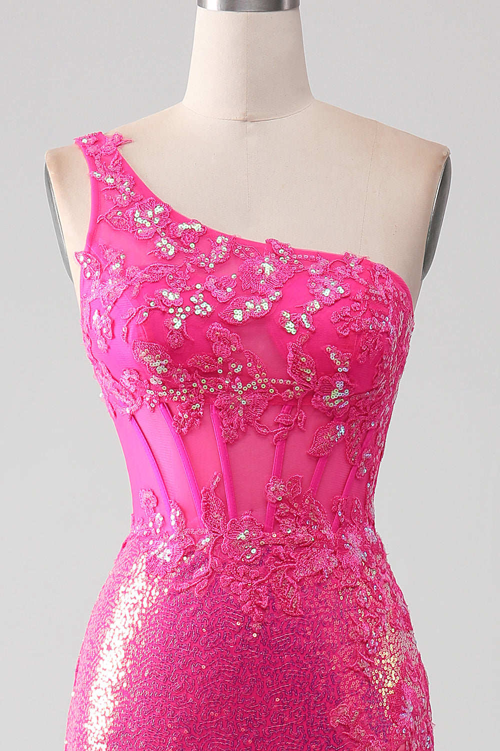 Sparkly Fuchsia Mermaid One Shoulder Appliques Prom Dress With Slit