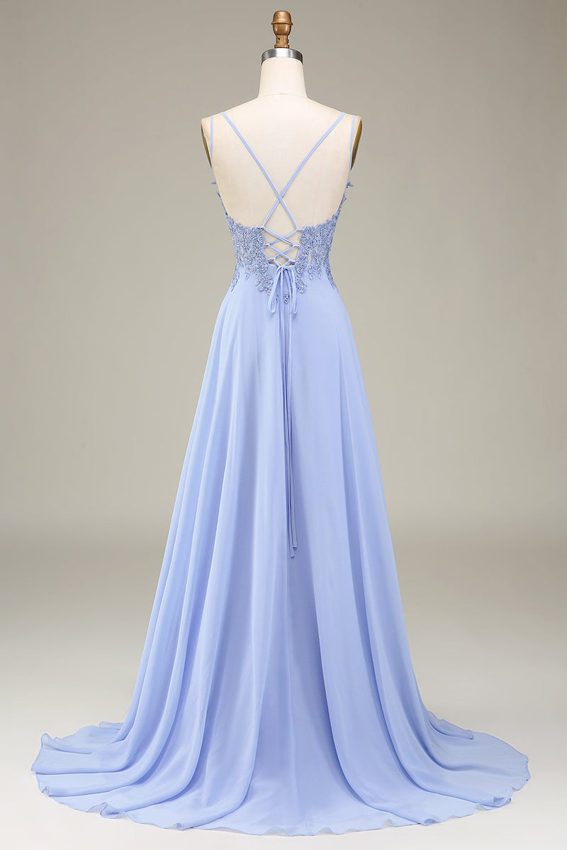 Lavender Chiffon Lace Long Prom Dress with Corset, Beautiful Evening P