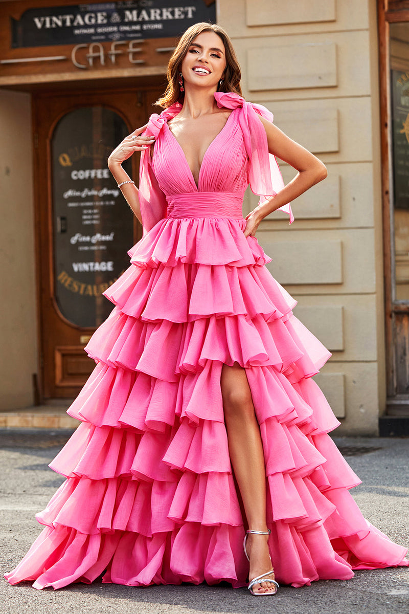 ZAPAKA Women Fuchsia Tiered Long Prom Dress Princess A-Line V-Neck