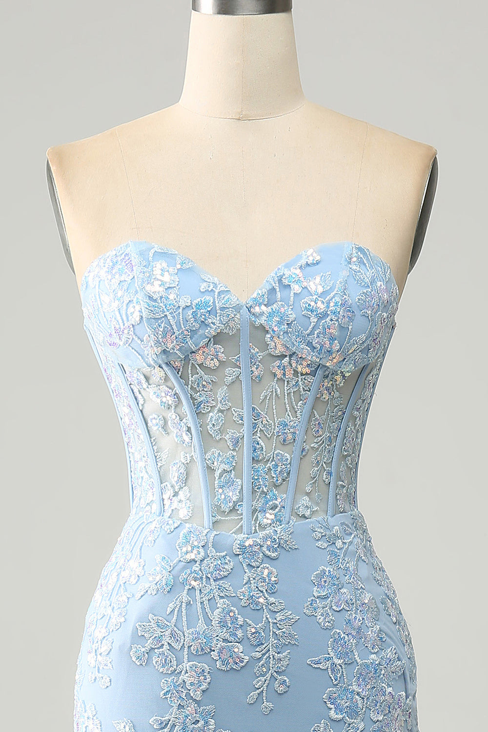 Light Blue Mermaid Sweetheart Corset Appliques Prom Dress With Side Slit