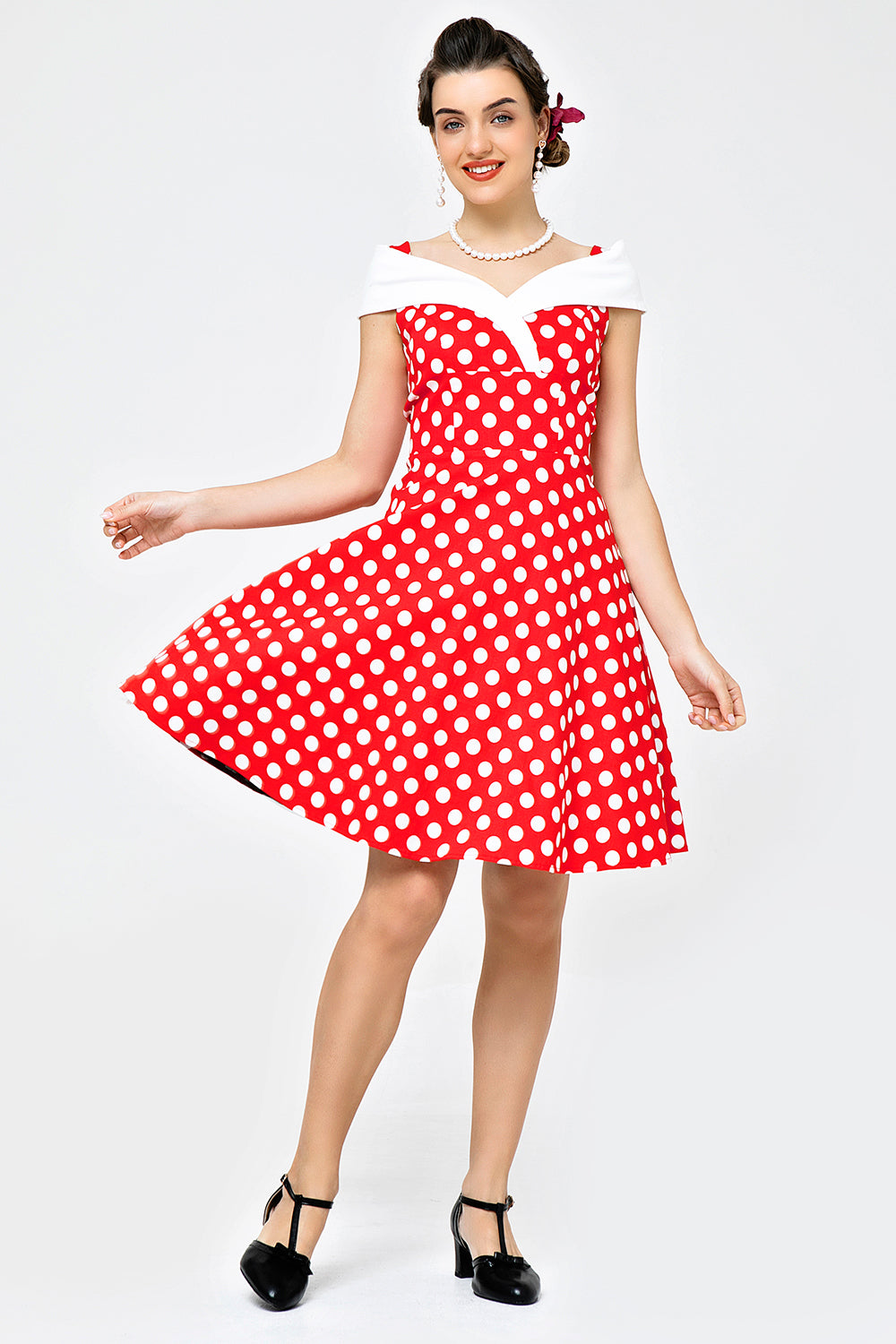 Off Shoulder Red White Dots Dress