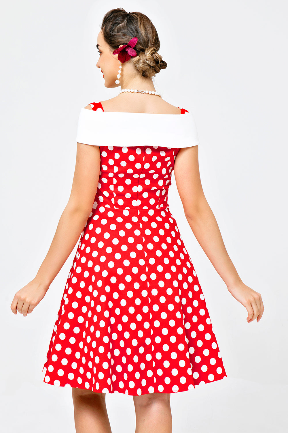 Off Shoulder Red White Dots Dress