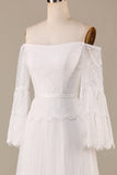 A Line Off the Shoulder Ivory Sweep Train Flare Sleeves Wedding Dress