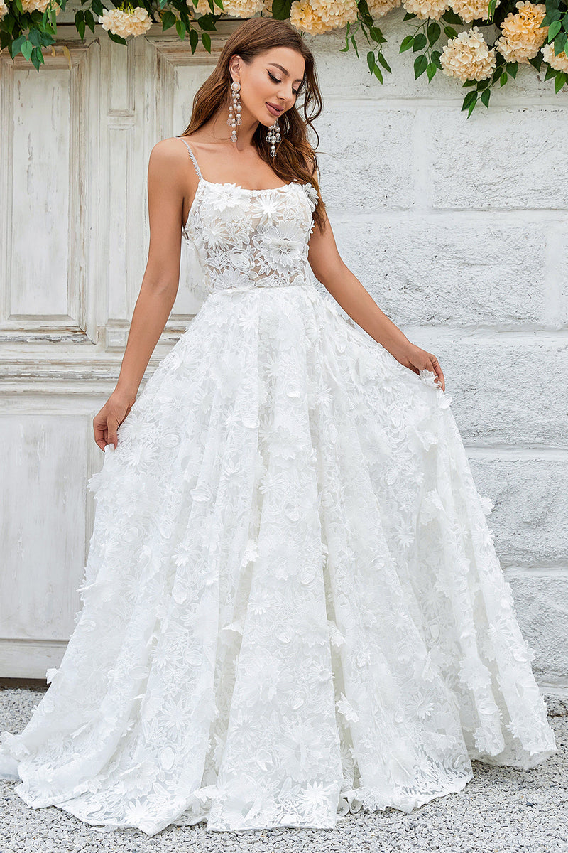Zapaka Women Ivory Floral Lace Sweep Train Wedding Dress Spaghetti Straps Corset  Bridal Dress – Zapaka CA