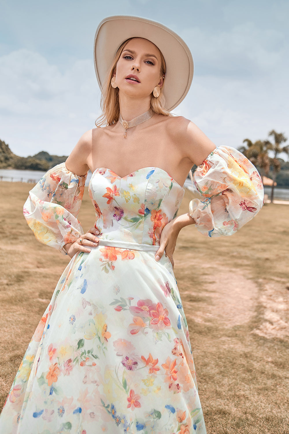 Charming A Line Sweetheart Ivory Floral Sweep Train Bridal Dress with Sleeves