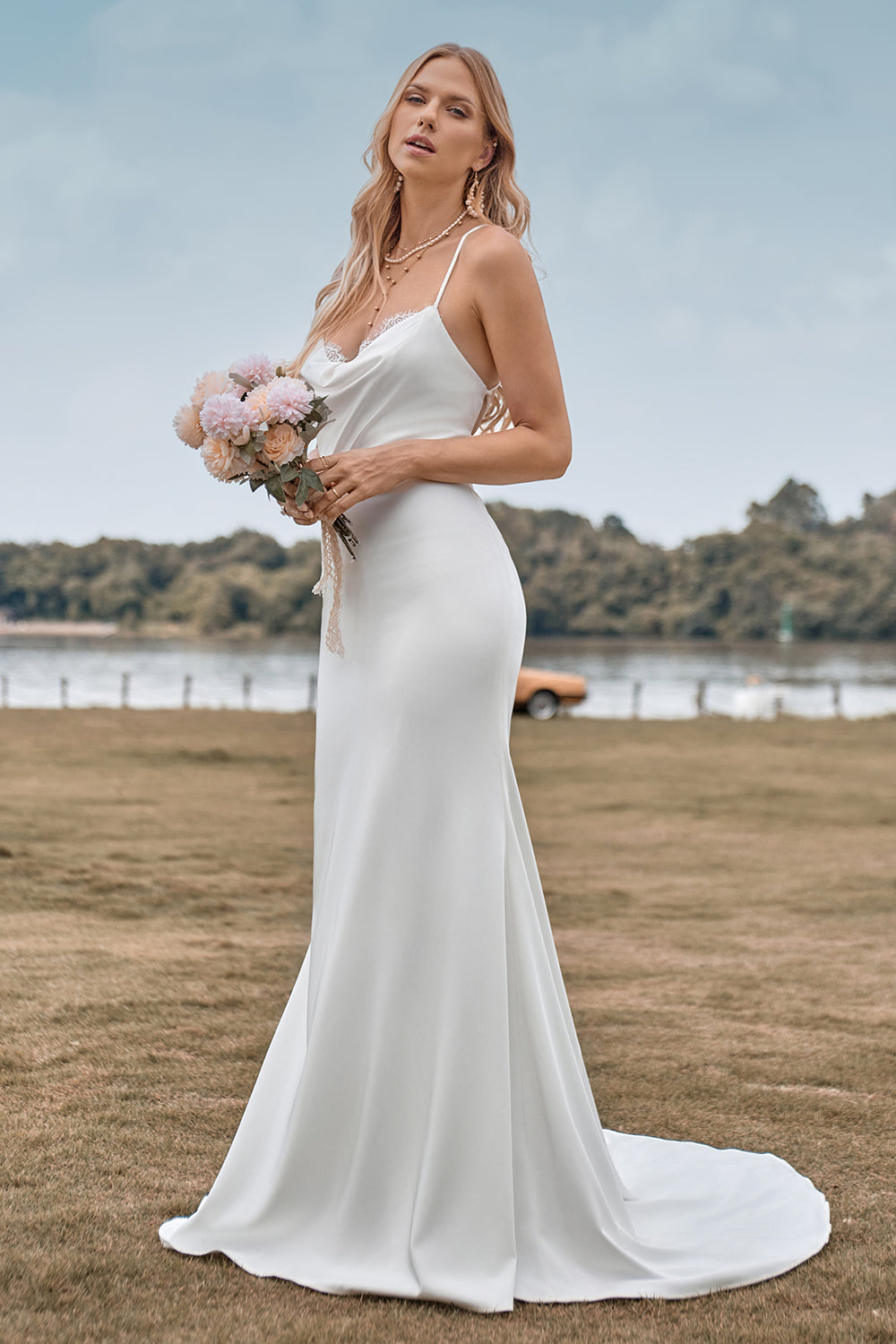 Simple Spaghetti Straps White Bridal Dress with Criss Cross Back