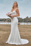 Simple Spaghetti Straps White Bridal Dress with Criss Cross Back