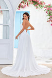 Ivory A-Line Halter Sweep Train Wedding Dress with Slit