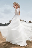 Lace Long Sleeves Deep V-neck Boho Wedding Dress with Backless