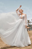 Long Sleeves Open Back Ivory A Line Wedding Dress with Appliques
