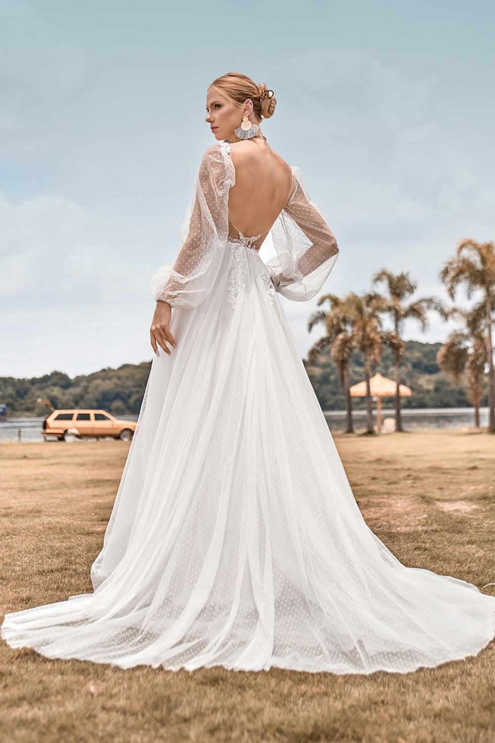 Long Sleeves Open Back Ivory A Line Wedding Dress with Appliques