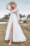 A-Line Tulle Beaded Ivory Wedding Dress with Long Sleeves
