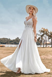 Lace Backless Spaghetti Straps Boho Wedding Dress with with Slit