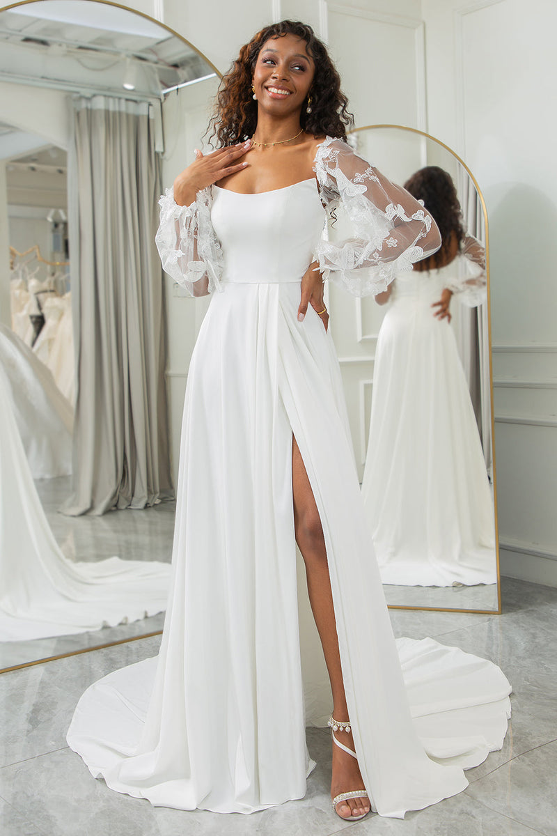 Zapaka Women Ivory Butterflies Chiffon Wedding Dress Scoop Neck Detachable  Long Sleeves Bridal Dress – Zapaka CA