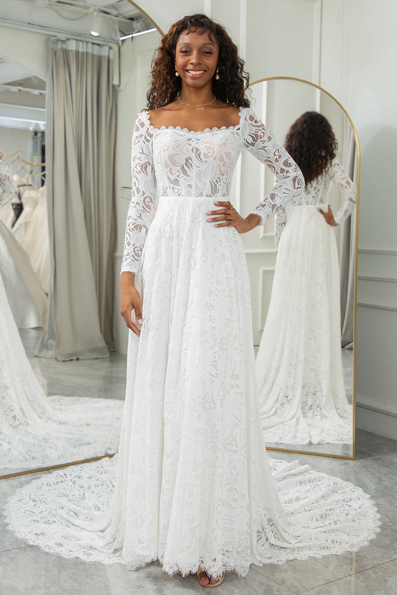Zapaka Women Ivory Lace Wedding Dress with Sleeves A-Line Scoop