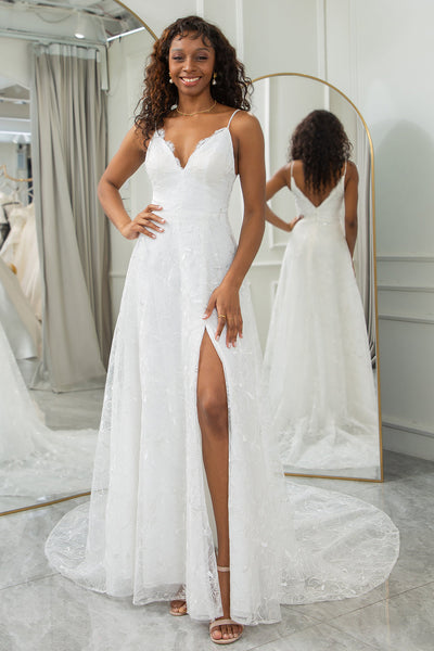 Zapaka Women Ivory A Line Lace Wedding Dress with Slit Spaghetti Straps Sweep Train Bridal Dress Zapaka CA