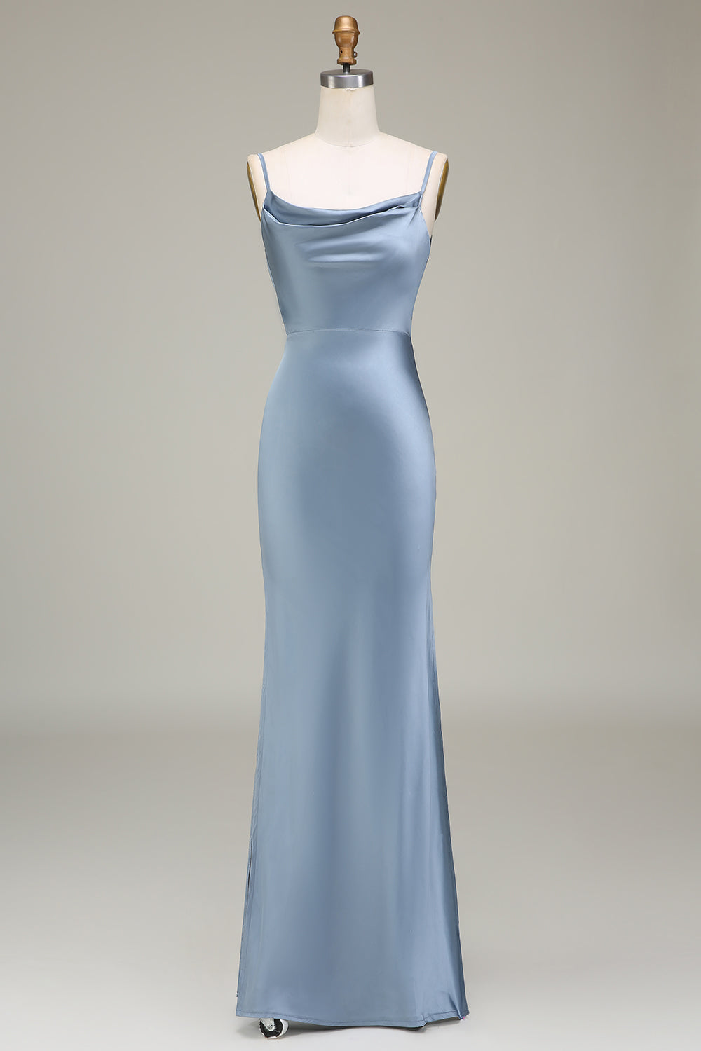 ZAPAKA Women Dusty Blue Sheath Spaghetti Straps Satin Long Bridesmaid Dress