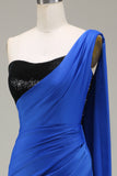 Royal Blue One Shoulder Satin and Sequin Mermaid Pleated Prom Dress with Slit