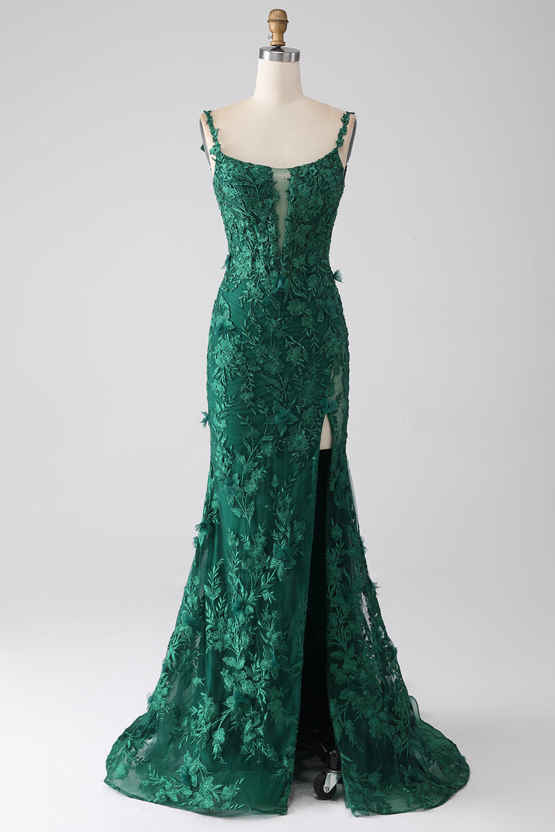 Zapakasa Women Dark Green Sequins Plus Size Prom Dress Mermaid Spaghetti  Straps Formal Dress with Split Front