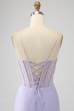 Glitter Lilac Corset Mermaid Long Prom Dress with Slit