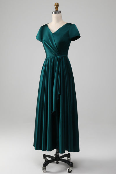 Peacock Green Satin V-neck A-line Pleated Mother of the Bride Dress