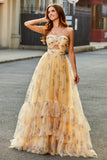 Yellow A-Line Halter Pleated Tulle Tiered Long Prom Dress With Embroidery