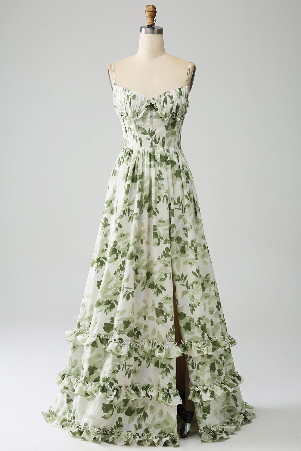 Green A-Line Spaghetti Straps Printed Pleated Long Bridesmaid Dress With Slit