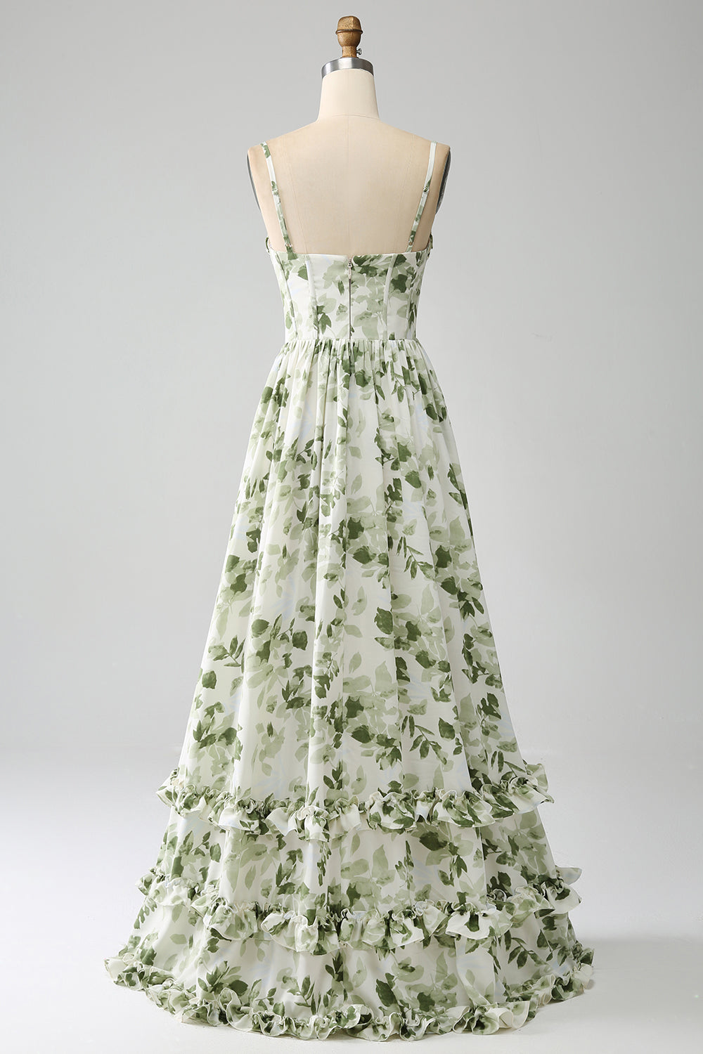 Green A-Line Spaghetti Straps Printed Pleated Long Bridesmaid Dress With Slit