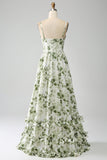 Green A-Line Spaghetti Straps Printed Pleated Long Bridesmaid Dress With Slit
