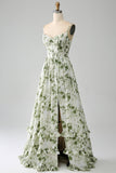 Green A-Line Spaghetti Straps Printed Pleated Long Bridesmaid Dress With Slit