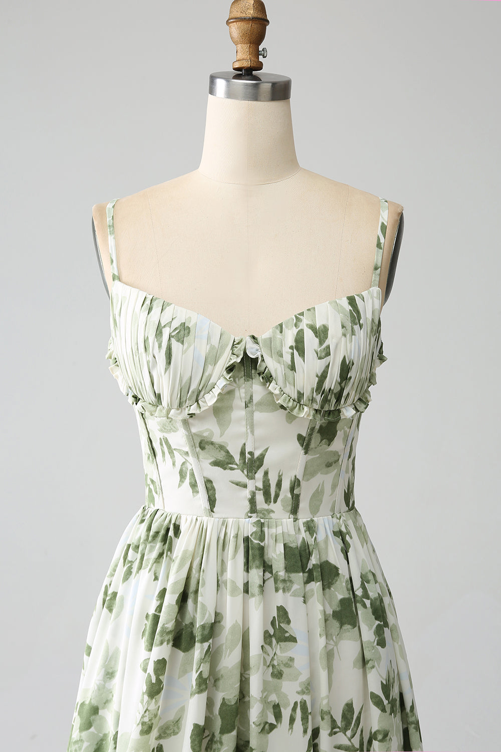 Green A-Line Spaghetti Straps Printed Pleated Long Bridesmaid Dress With Slit