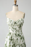 Green A-Line Spaghetti Straps Printed Pleated Long Bridesmaid Dress With Slit
