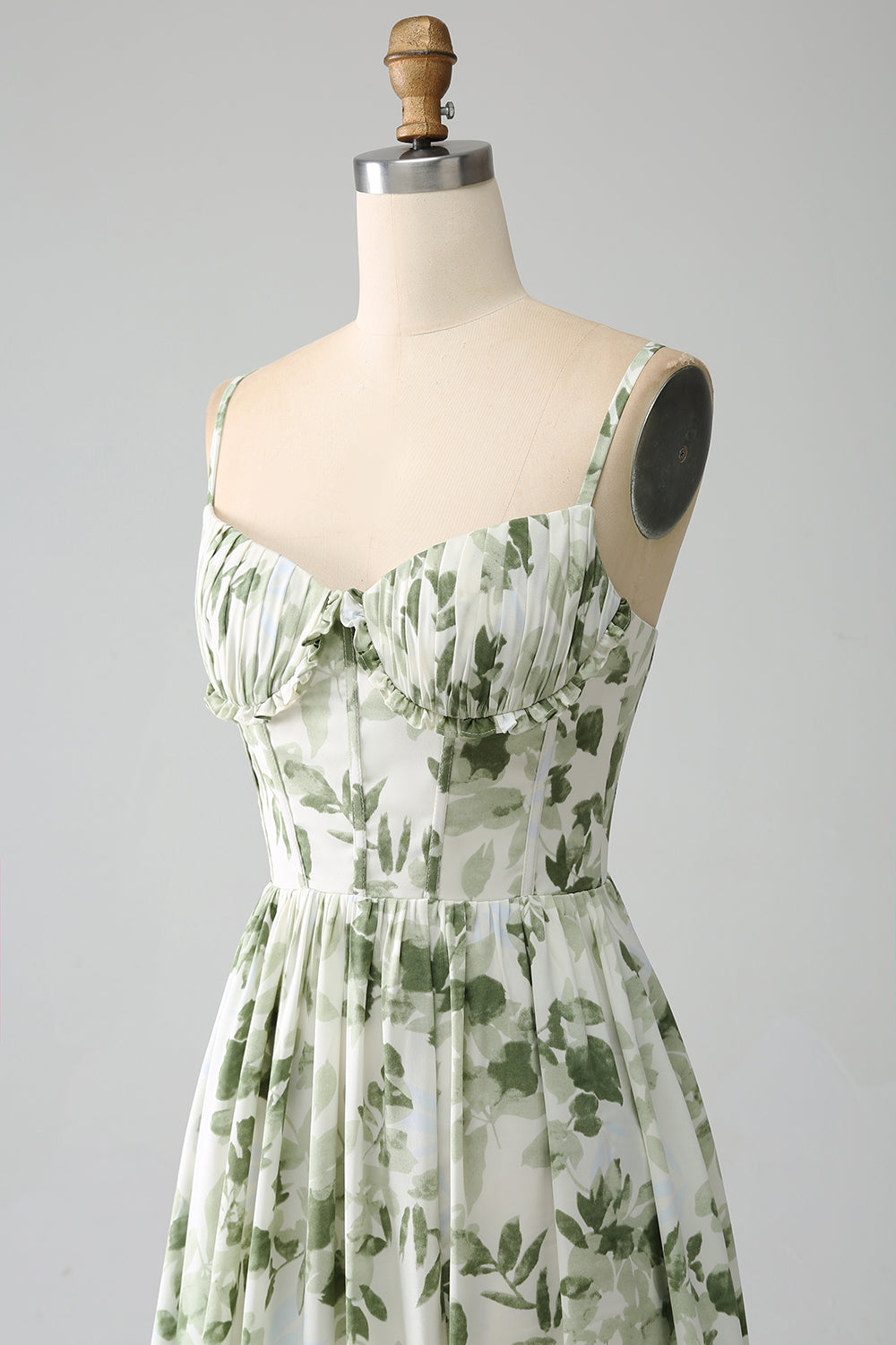 Green A-Line Spaghetti Straps Printed Pleated Long Bridesmaid Dress With Slit