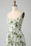Green A-Line Spaghetti Straps Printed Pleated Long Bridesmaid Dress With Slit