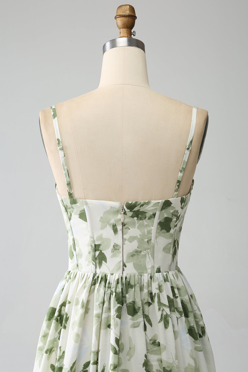 Green A-Line Spaghetti Straps Printed Pleated Long Bridesmaid Dress With Slit