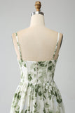 Green A-Line Spaghetti Straps Printed Pleated Long Bridesmaid Dress With Slit