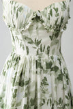 Green A-Line Spaghetti Straps Printed Pleated Long Bridesmaid Dress With Slit
