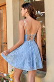 Lace Spaghetti Straps Blue Graduation Dress
