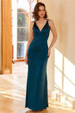 Sheath V Neck Peacock Blue Long Prom Dress with Criss Cross Back