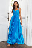 A Line Spaghetti Straps Lake Blue Long Prom Dress