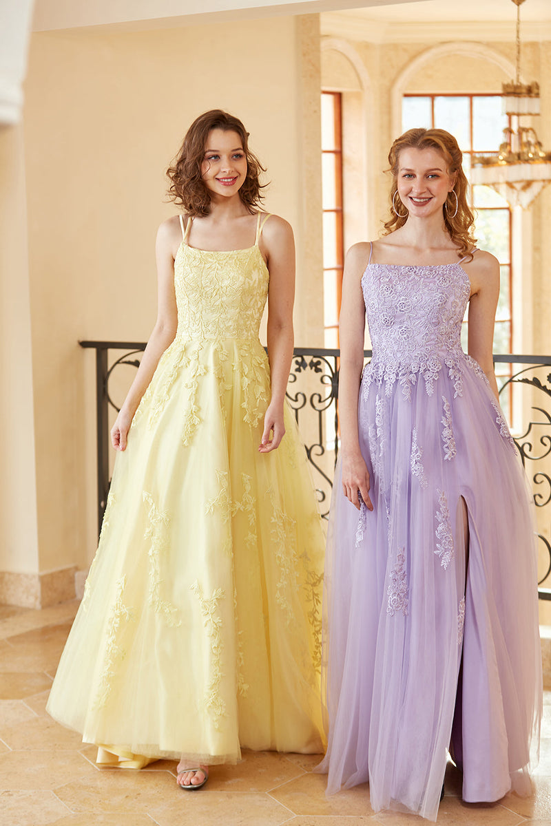 Zapaka Women Yellow Long Prom Dress Gorgeous A Line Spaghetti Straps  Evening Dress with Appliques – Zapaka CA
