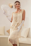 Zapaka Women Plus Size 1920s Flapper Dress Champagne Round Neck Gatsby Dress with Fringes