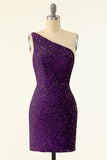 Purple One Shoulder Sequins Graduation Dress