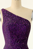 Purple One Shoulder Sequins Graduation Dress