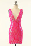 Fuchsia Sequins V-Neck Tight Graduation Dress