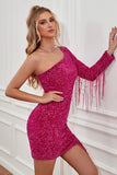 Fuchsia One Shoulder Sequins Tight Graduation Dress with Sleeves