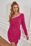 Fuchsia One Shoulder Sequins Tight Graduation Dress with Sleeves