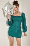 Green Sequin Short Graduation Dress with Long Sleeves